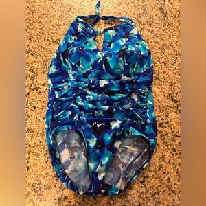 Longitude Swimming 16 Blue High Neck Tie Swimsuit Resort Beach Vacation Slimming